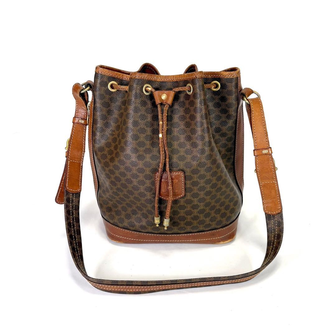 Celine Brown Leather Drawstring Shoulder Bag PVC 8.1x10.8x5.5in Like New