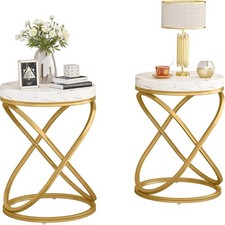  26 Inches White and Gold Faux Marble Top End Tables Living Room Set