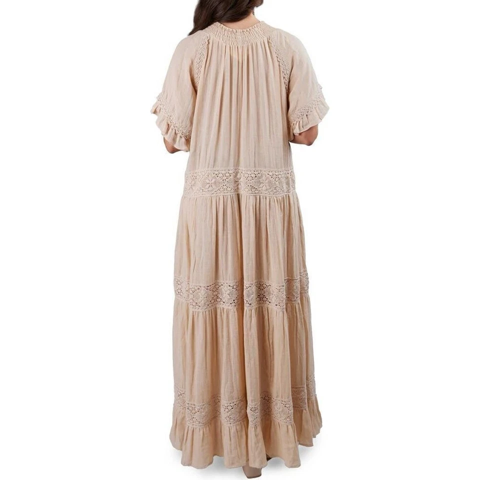Saachi Women's Beige Tiered Lace Trim Long Kaftan Dress One Size NWOT - Image 2 of 4
