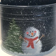 Primitive Rustic Tin Metal Hanging Wall Bucket Pocket Farmhouse Snowman Snow