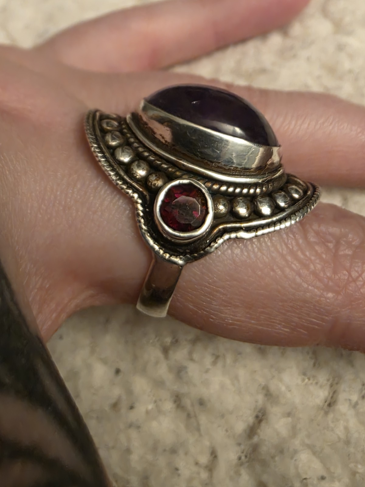 Silver Statement Ring with Oval Amethyst and Red … - image 3