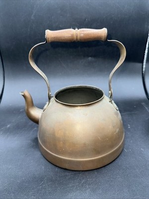 Vintage Copper Metal Tea Pot Kettle Wooden Handle Farmhouse Made In Portugal