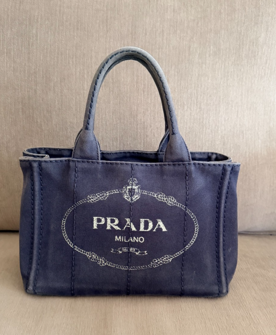 Prada Canapa Mini Tote Navy Blue Canvas Logo Bag Small Handbag