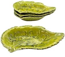 VTG California Original 594 USA Drip Glaze Pottery Green Leaf Dip Bowls Set 4