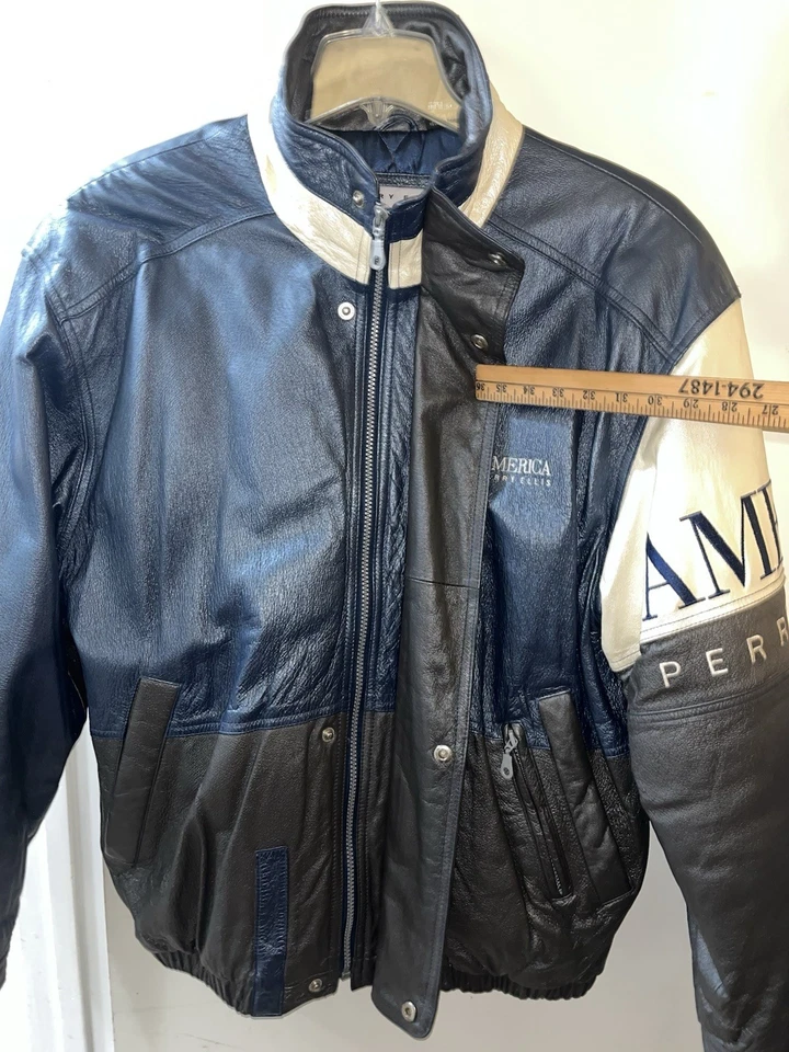 Perry Ellis America Leather Jacket Adult Large Oversized Bomber 90s Colorblock - Image 4 of 4