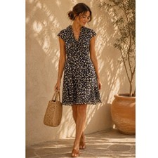 Adrianna Papell Navy Polka Dot Ruffle Neck Flutter Sleeve Chiffon Dress WOMEN 8