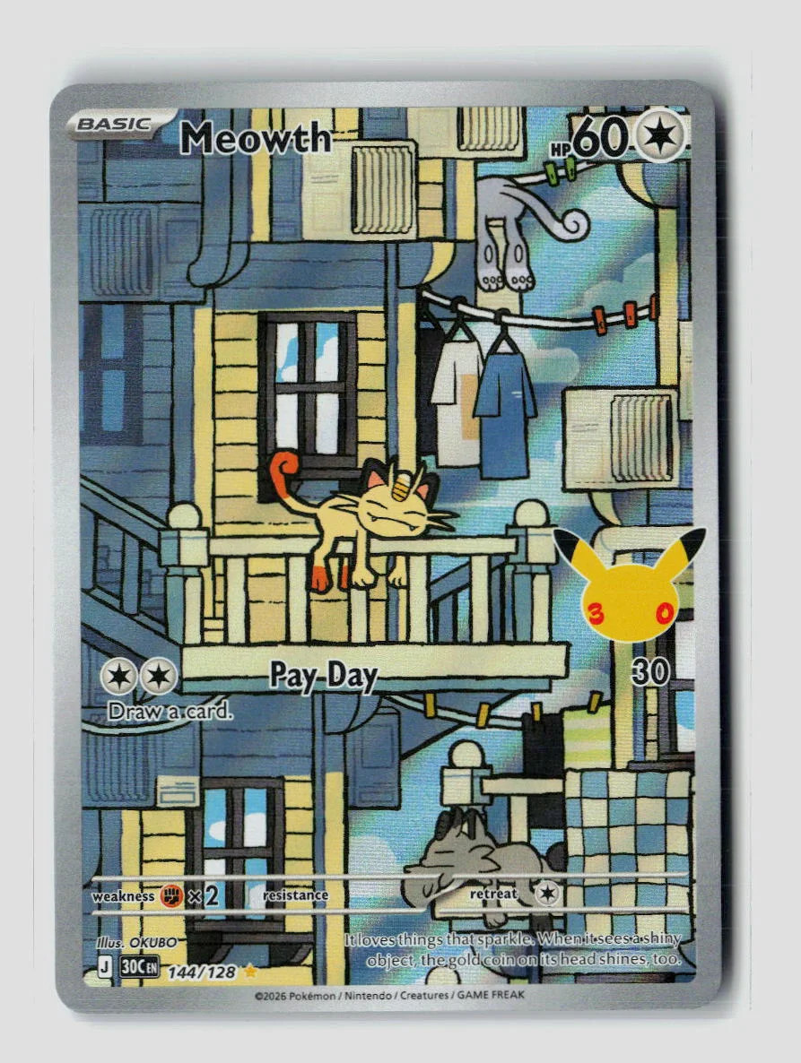 Pokemon Meowth 30th Celebration Illustration Rare • 144/128 Holofoil