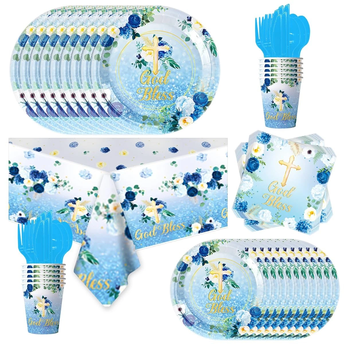Set Decorazioni Battesimo 76 Pezzi - Tema Blu Con Colomba E Scritta - Ghirlanda, Topper E Portacandele