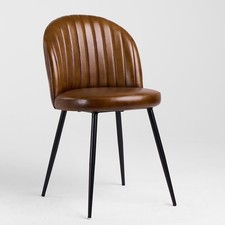 Ducie Dining Chair Brown Genuine Leather Clamshell Seat Metal Industrial Base