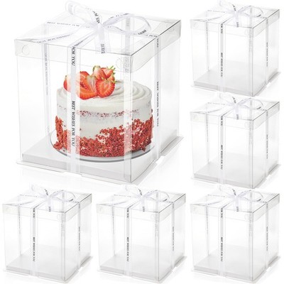 6 Pcs Clear Cake Box with Ribbon 2-Layer Tall Packaging Boxes 8x8x9 Inch PET