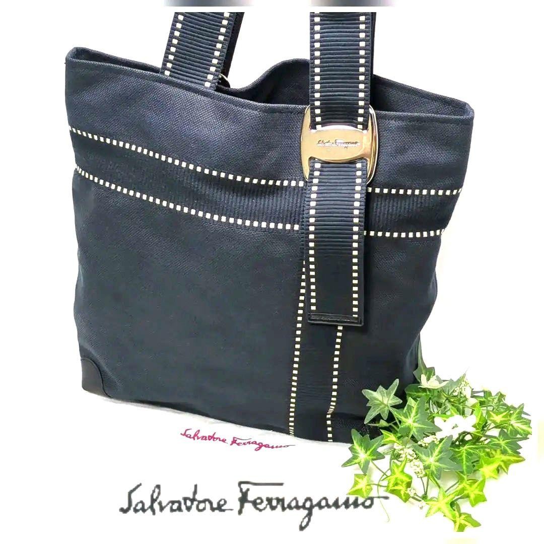 Ferragamo Gancini Canvas Tote Bag in Black with Gold Logo