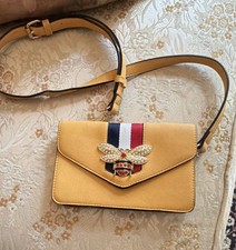 Tan Small Crossbody Bag Striped Flap Magnetic Closure Bee Pearl Rhinestone