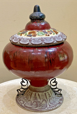 Antique Chinese Porcelain Oxblood & Metal Accents  Trim Vase  20''x12''