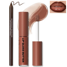 Lip Gloss with Brown Lip Liner Lip Combo Set, Moisturizing High Shine Nude Lip G
