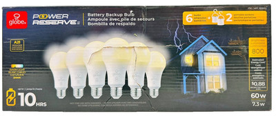 Globe Power Reserve Battery Backup Bulb Warm Light 3000K A21 800lm 60W 6-Pack