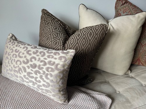 CUSTOM WOOL HERRINGBONE PILLOW-LEATHER TRIM-FEATHER INSERT - Picture 4 of 7