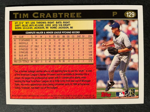 Tim CRABTREE 1997 Topps Baseball #129 Toronto Blue Jays - Picture 2 of 2