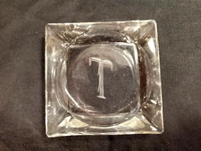 Vintage Square Glass Square Ashtray with Etched Monogram "T" 3.5 Inch