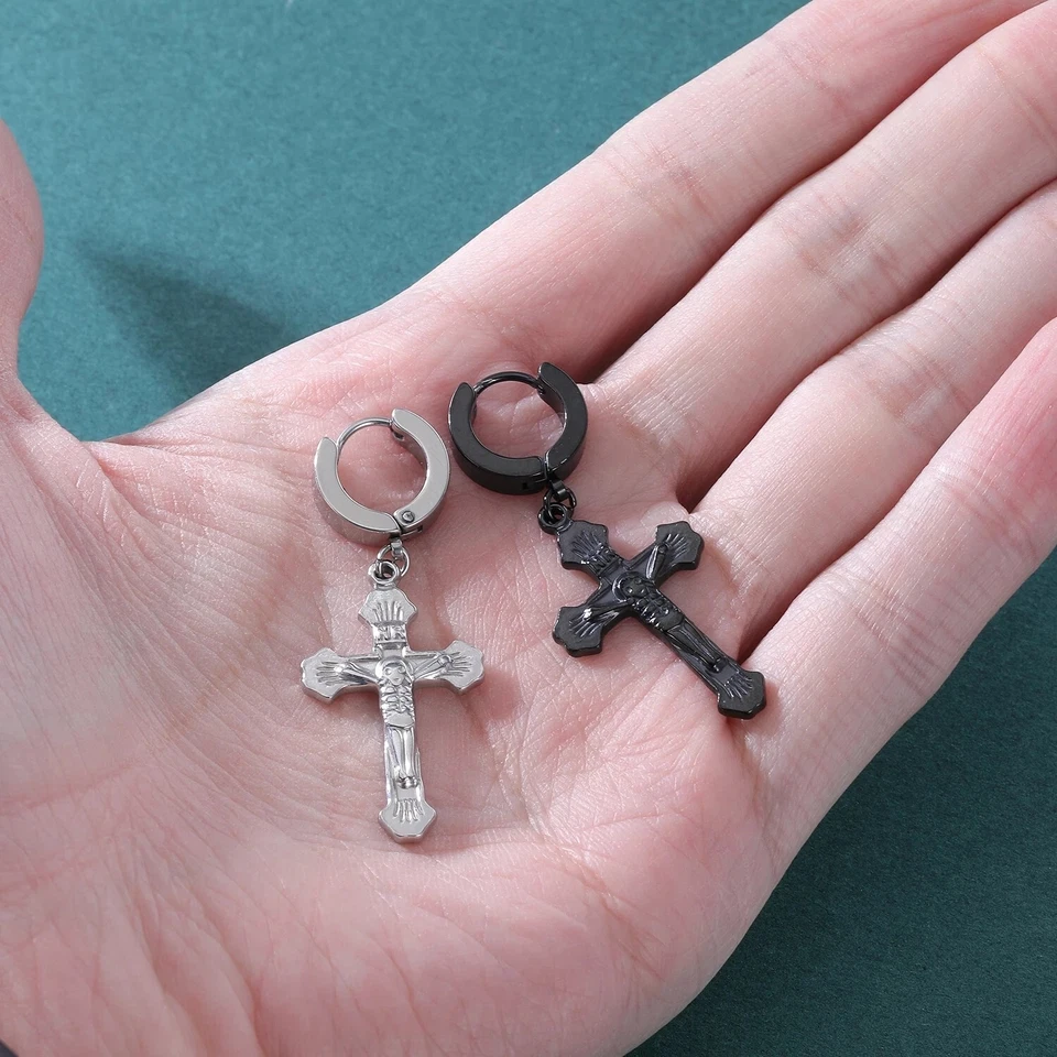 Brincos de argola de aço inoxidável 18 g/20 g brinco cruz punk gótico para mulheres homens - Imagem 4 de 4