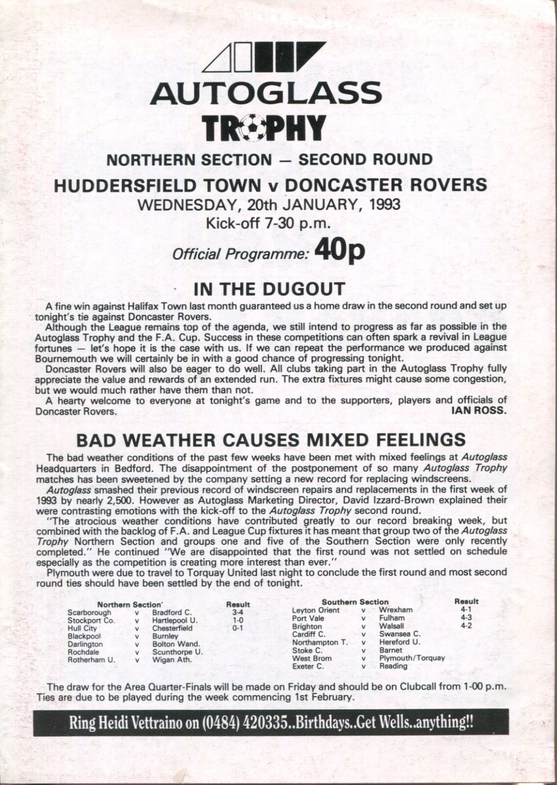 A33 Huddersfield Town v Doncaster Rovers 20/01/93 Autoglass Trophy 2nd