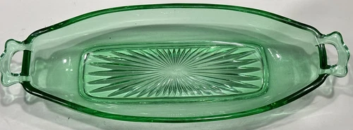 Vintage Green Starburst Cut Depression Glass - Celery Relish Dish Uranium EUC