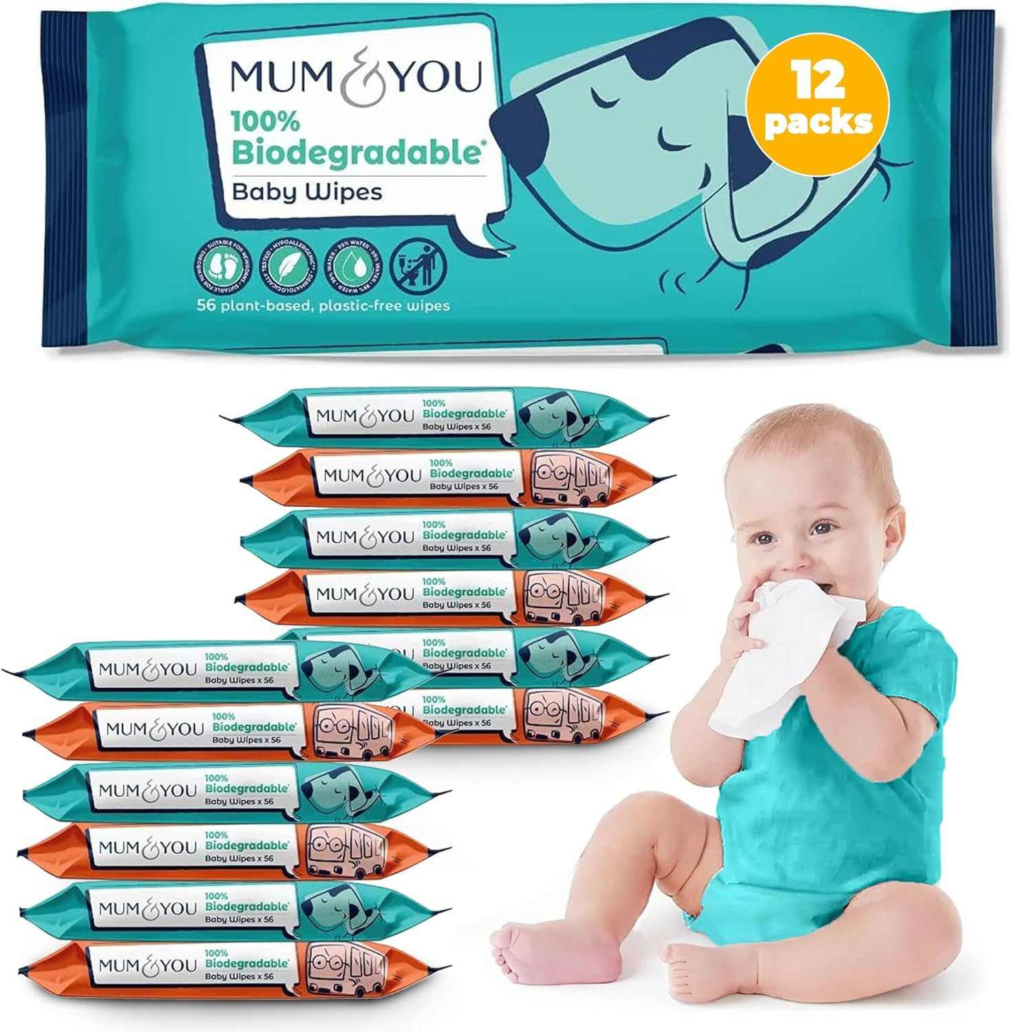 Mum & You Biodegradable Baby Wipes Multipack, 672 Wet Wipes 12 Packs | 99.4%