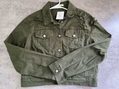 AP Blue Aphrodite Urban Chic Womens Jacket  Pockets Distressed Short Olive Sz 1X