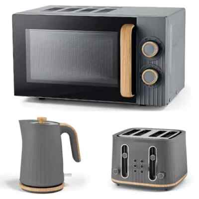 Grey Wood Textured Scandi Kettle Toaster and Microwave Set