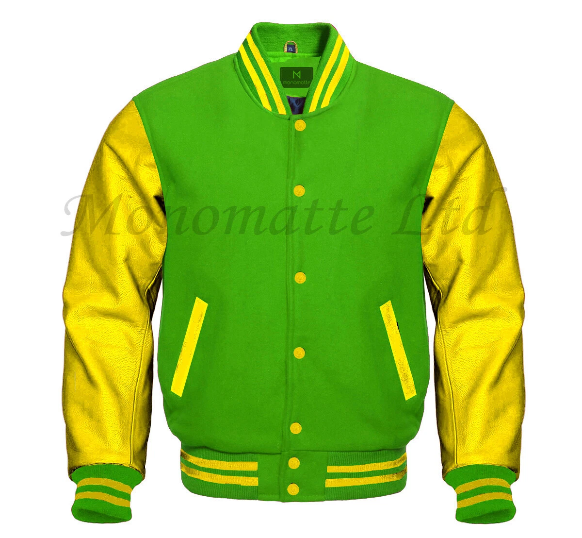 Varsity Letterman Baseball K-Green Wool & Yellow Genuine Leather  Sleeves Jacket