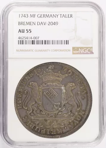 1743 MF German States Bremen Taler Thaler NGC AU55 KM# 183 Dav. #2049
