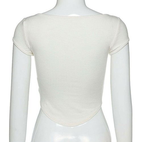 Women's Sexy Sheer Low Cut T-shirt Transparent See-through Crop Top Short Sleeve - Picture 9 of 15