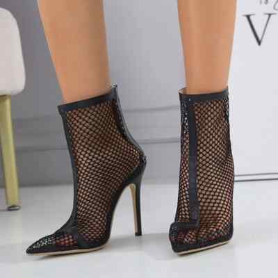 Stivali Estivi Tronchetto 11 Cm Traforato Nero Rete Alti Pelle