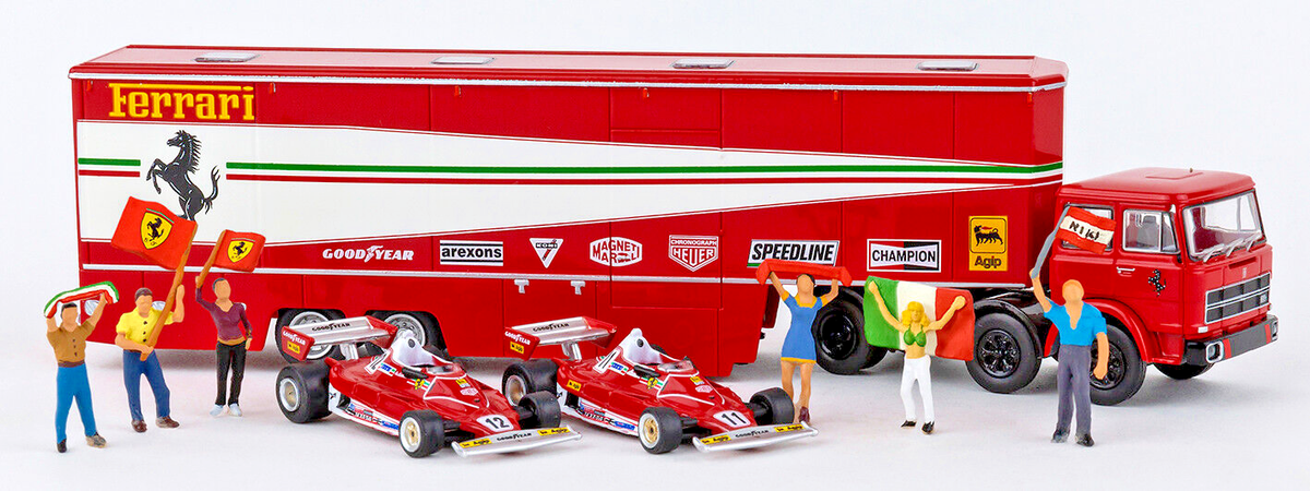 Brekina 58575 - Fiat 691 T Semitrailer 'Ferrari' with 2 Ferrari F1
