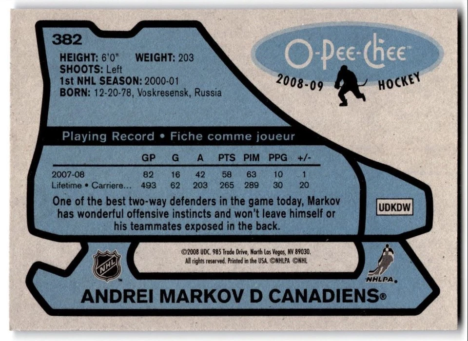 2008-09 O-Pee-Chee '79-80 Retro Andrei Markov #382 Montreal Canadiens - Image 2 of 2