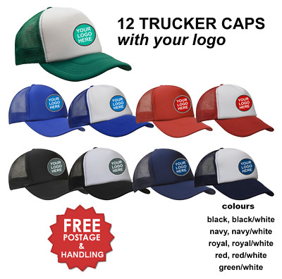 12 Trucker Caps Curved Peak Plastic Strap mesh custom printed