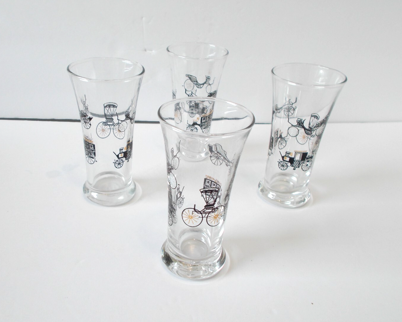 VTG Libbey Curio Line Cordial Liquor Shot Glasses MCM Set of 4 Carriages Buggies