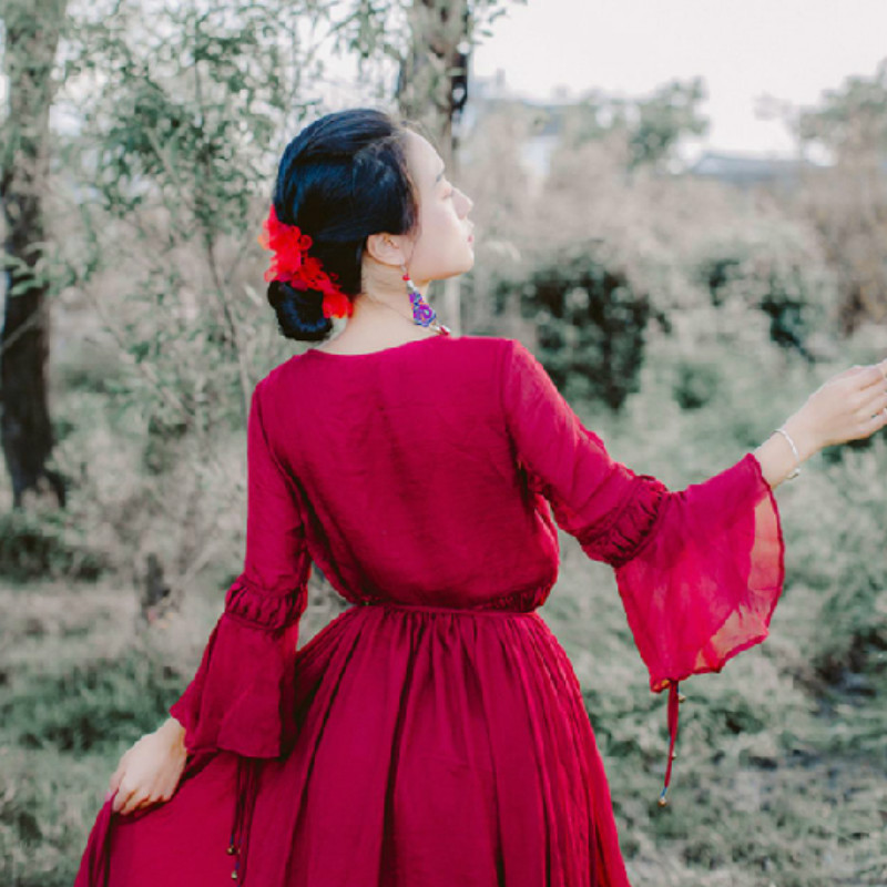 Womens Fairy Chiffon Dress Vintage Flare Sleeve Mori Girl Red Maxi Dress  Bohemia | eBay UK