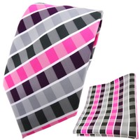 Tigertie Designer Krawatte + Einstecktuch Lila Pink Anthrazit Weiß Gestreift