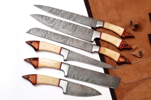 Custom made damascus steel kitchen/chef's knife set with leather roll bag DR-61