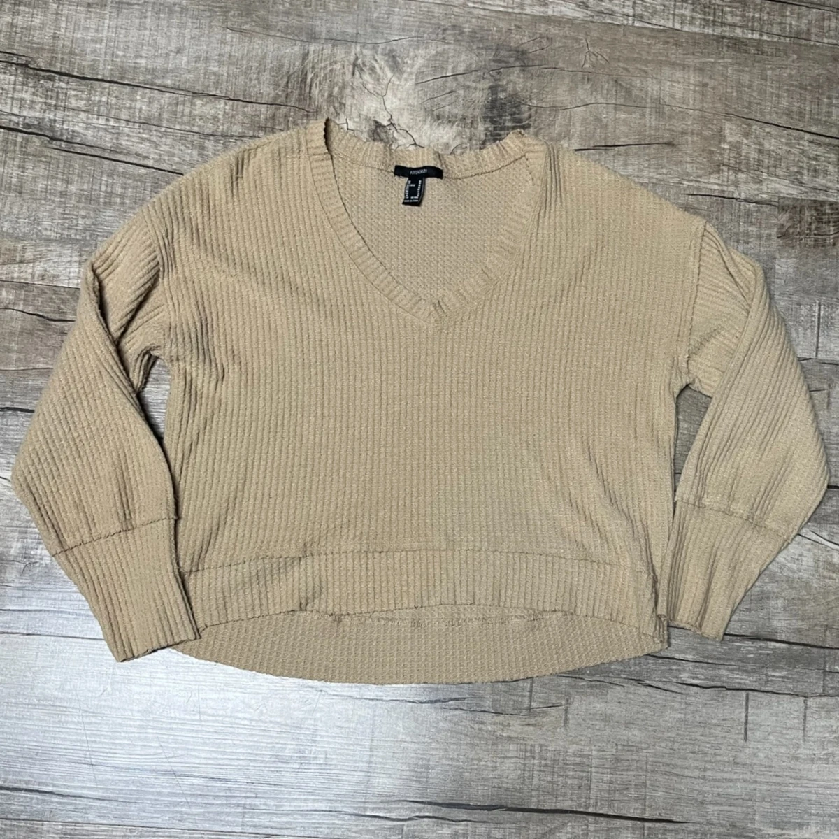 Forever 21 Waffle Knit Cropped V Neck Long Sleeve Shirt Women Size M Oatmeal Top