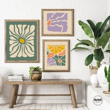 Set of 3 floral eclectic wall art, colorful botanical art, wavy leaves wall art