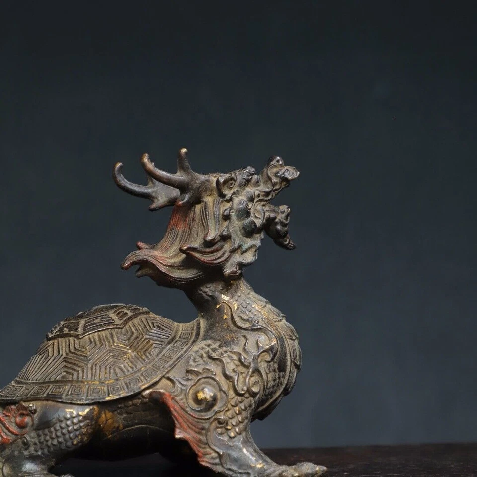 Antigua estatua de tortuga dragón dorada bronce dinastía qing hecha a mano de China de 7,5" Foto 3 de 4