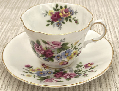 Queens Rosina Bone China Teacup & Saucer Centenary Dear Flowers Floral Gold Trim