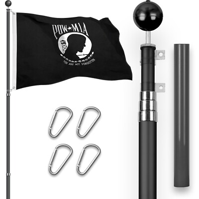 Combo: 16 Ft Telescoping Flagpole Black & POW MIA Flag 3x5 Ft Emb Spun Poly