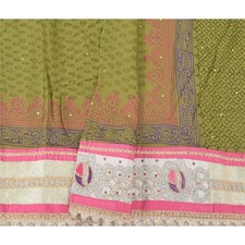 Sanskriti Vintage Green Dupatta Long Stole Pure Chiffon Hand Beaded Ethnic Veil