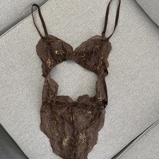 Unlined Lace Shimmer Teddy Victoria  s Secret Brown/Gold Lingerie - Excellent