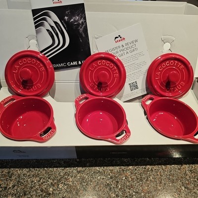 STAUB Ceramics Mini Round Cocotte 3 Piece Set Red New Boxed Ceramic Cocottes