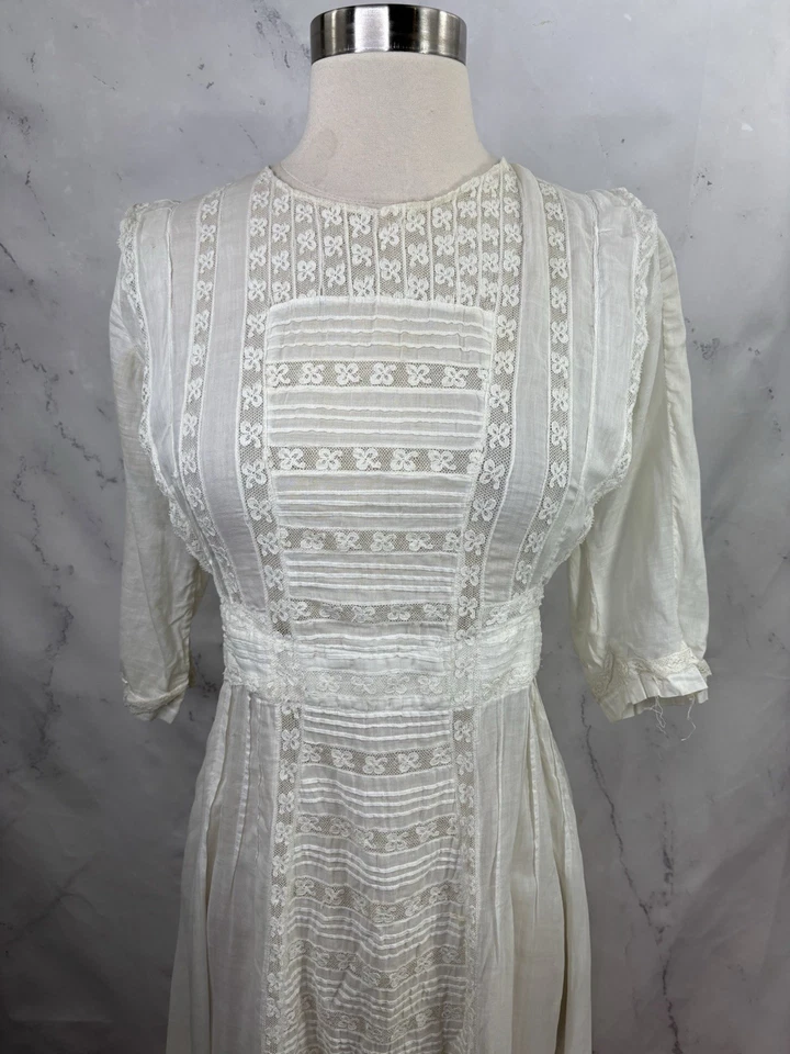 Antiguo Vestido Eduardiano Tea Lawn Vintage S Blanco Algodón Encaje Vestido Maxi Victoriano Foto 3 de 4