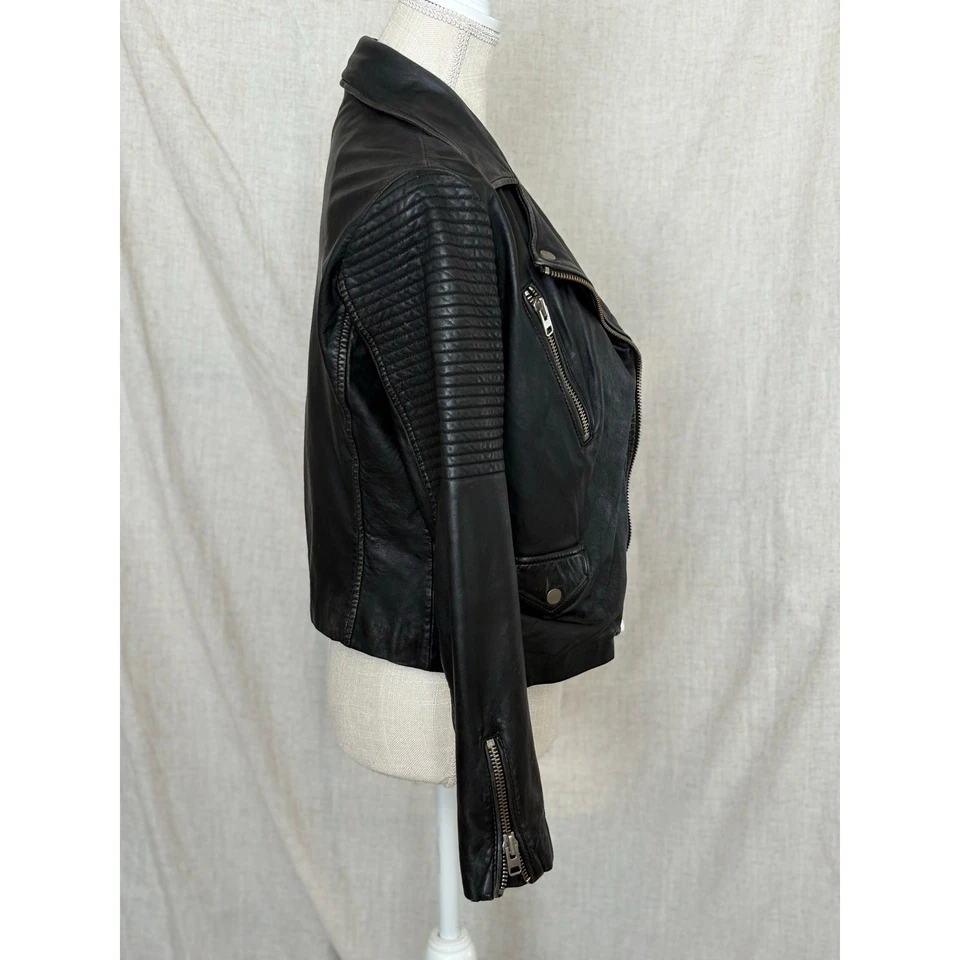 Topshop Black Leather Moto Zip Jacket Size 6 - Image 3 of 4