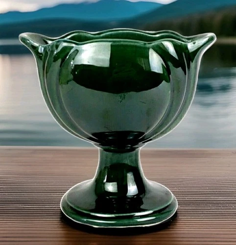 Hull F 33 Ceramic Tulip Planter Vase Forest Green Glaze 5.5" MCM Made In USA